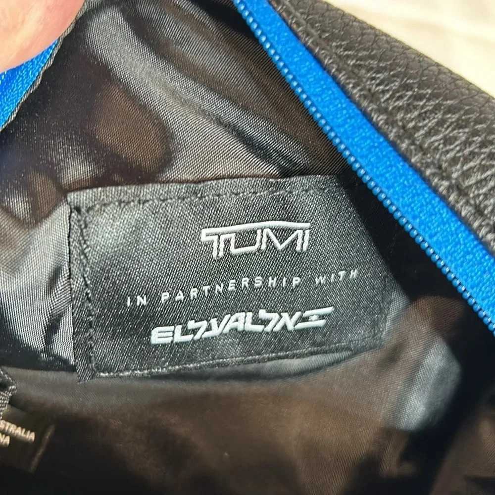 TUMI Zippered Travel Pouch.  Black/Blue.  Black Pebbled Leather.  NWOT - Picture 8 of 9